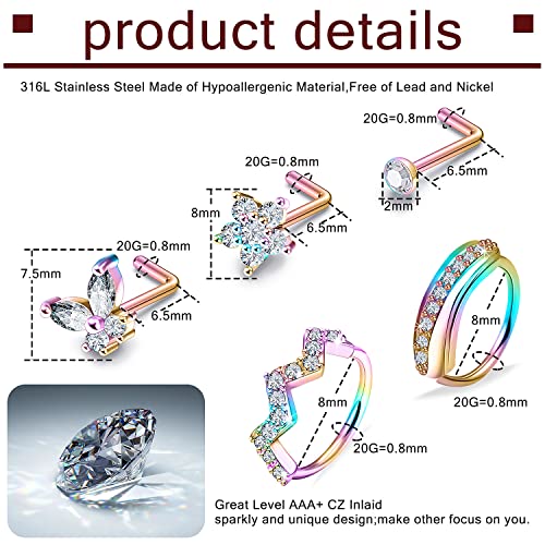 Prjndjw 20G Nose Rings Hoop Surgical Steel L Shaped Nose Rings Butterfly rabbit Opal Heart CZ Flower Nose Piercing Jewelry Nose Rings For Women Men 15Pcs 6.5mm Nose Stud Purpke 8MM Nose Hoop rings