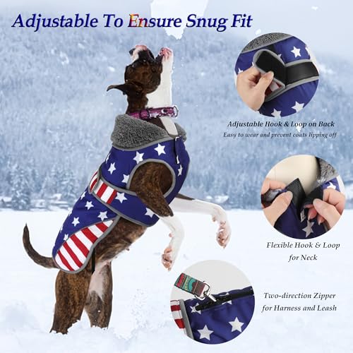 Image of Dogcheer Dog Coat, American Flag Dog Jacket Waterproof Puppy Winter Coat for Cold Weather, Reflective Adjustable Pet Snow Jacket Fleece Sweater for Small Medium Large Dogs - USA Flag, S