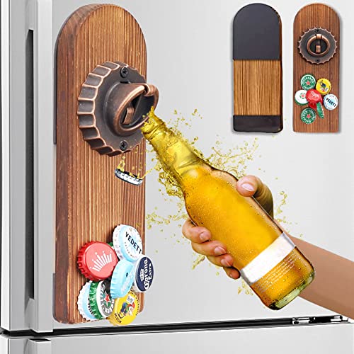 ZONSUSE Magnetic Wall Bottle Opener with Catcher, Personalized Wooden Beer Opener, Beer Gifts for Men for Refrigerators Home