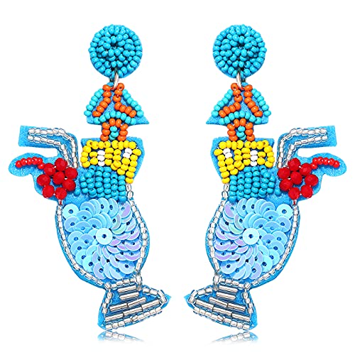 Boderier Beaded Earrings Statement Hand Beaded Tropical Drink Beaded Statement Earrings Summer Party Cute Beaded Cocktail Glass Earrings Blue cover
