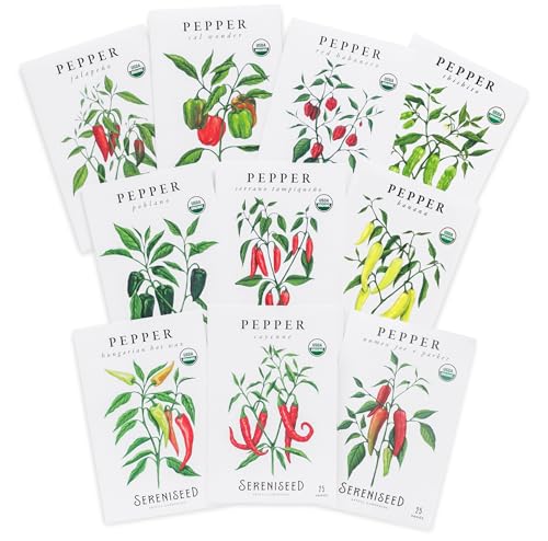 Sereniseed Certified Organic Hot Pepper Seeds (10-Pack) – Non GMO, Open Pollinated – Jalapeño, Cal Wonder, Banana, Serrano, Shishito, Red Habanero, Poblano, Cayenne and More