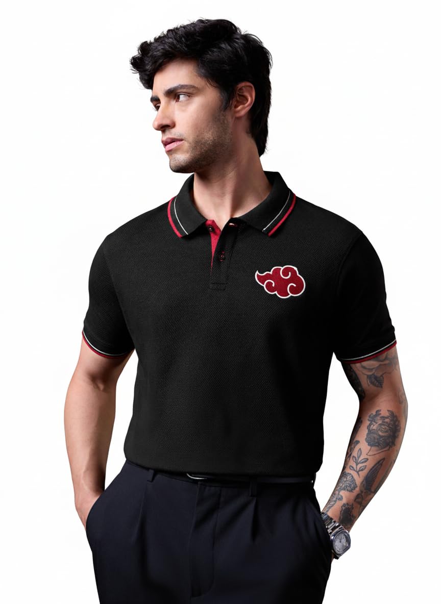 the souled store Naruto: Akatsuki Cloud Men and Boys Short Sleeve Spread Collar Black Embroidered Cotton Blend Regular Fit Textured Breathable Fabric Polo Shirts-picture-35