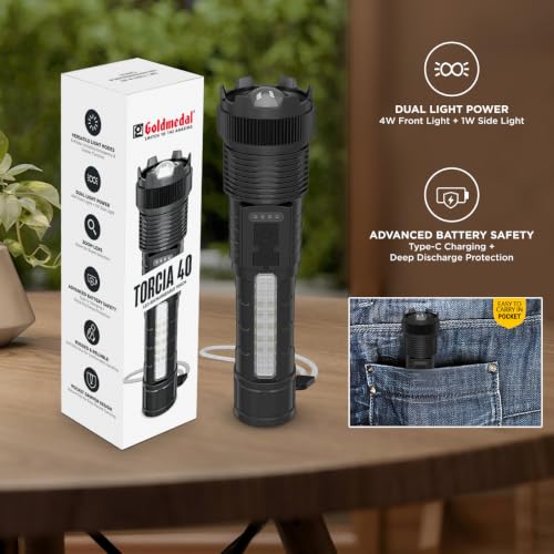 Image of Goldmedal Torcia 40 5W LED Rechargeable Torch Light | Long Range Beam | 6 Modes | Upto 6 Hours Battery Backup |Type C Charging |Zoomable Flashlight for Camping,Hiking &Emergency Use