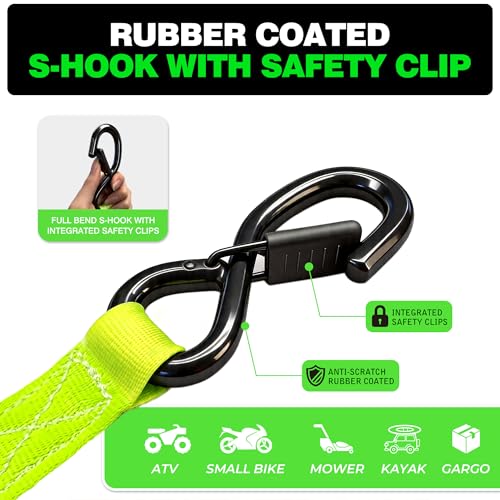 Image of Retractable Ratchet Straps 1 inch x 13Ft, Heavy Duty Self Retracting Tie Down Straps, 1800lb Break Strength Auto Retract Cargo Straps for Truck, Trailer, Motorcycle, ATV, UTV, (Fluorescent Green, 4 Pack)