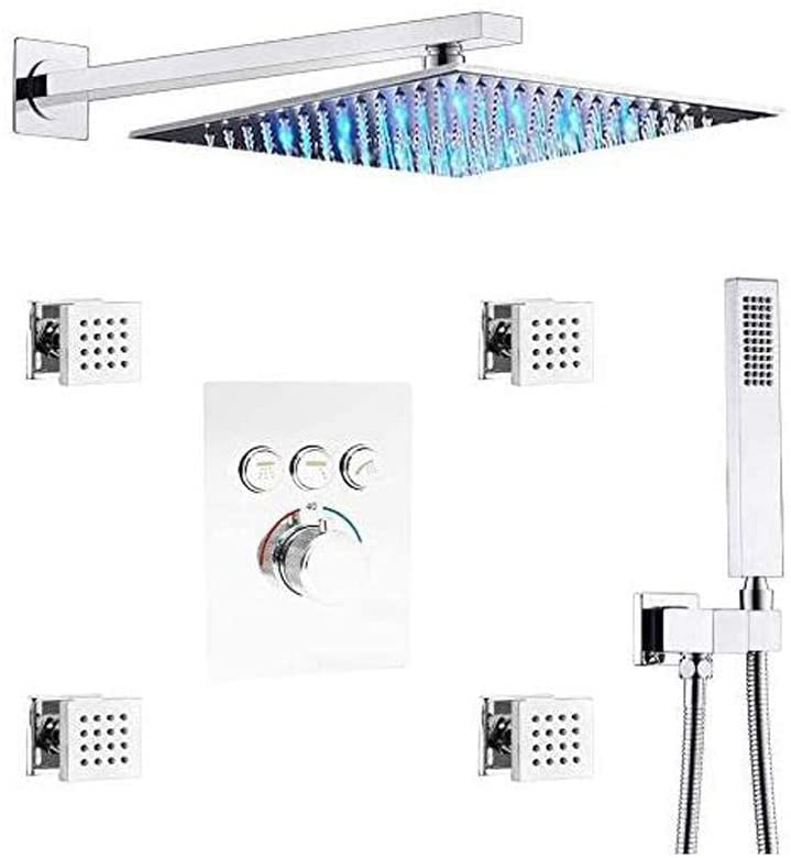 Système de douche thermostatique chromé avec ciel de pluie LED et jets massants