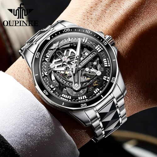 Image of OLEVS Mens Watches Skeleton Mechanical Black Watches for Men Wrist Watches Automatic Luxury Tungsten Steel Sapphire Crystal Waterproof Luminous Gold and Black
