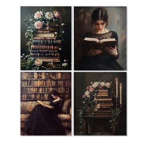 LUKIPOM Vintage Moody Book Wall Art Posters Set of 4, Reading Nook Corner Room Library Decor, Dark...
