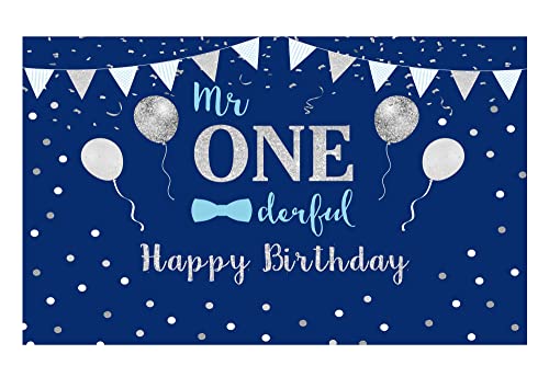 Funnytree Baby Boy 1st Birthday Party Backdrop Mr Onederful First Blue and Silver Photography Background Little Man Bow Tie Newborn Cake Table Decorations Photoshoot Banner Photo Booth Props