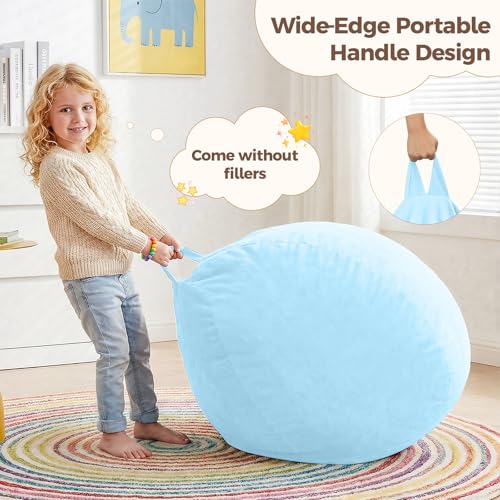 Image of Stuffed Animal Storage Bean Bag Chair Cover for Adults (No Filler), Soft Comfy Velvet Beanbag Chair Cover Machine Washable, Adults Bean Bag Chair with Handle for Living Room Bedroom,Light Blue