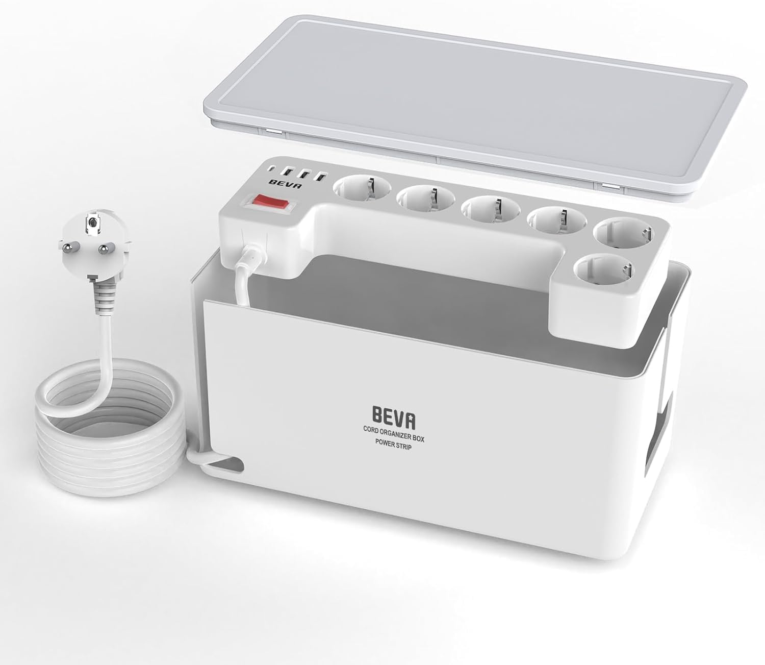 Kabelbox mit Verdeckte Steckdosenleiste 3680W/16A + 1050J Überspannungsschutz + 2M Kabel, BEVA Integrierte Mehrfachsteckdose 6 Steckdosen+3 USB-A+ 1 USB-C (15W) mit Schalter, Mehrfachstecker Weiß