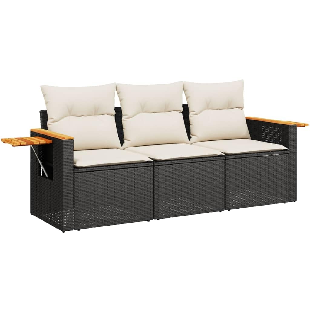 IKAYAA Divanetto da Esterno 3 Posti con Contenitore Divano da Giardino in Polyrattan Salotto da Giardino in Polyrattan Set da arredo per Esterno con Cuscini-Nero e Crema-3 pz