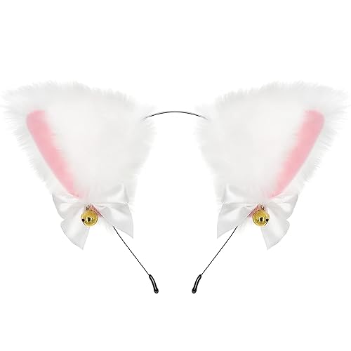 Fox Cat Ears Anime Cosplay - Diadema de lobo de animales, diadema de Halloween, accesorios de disfraz con campanas, color blanco
