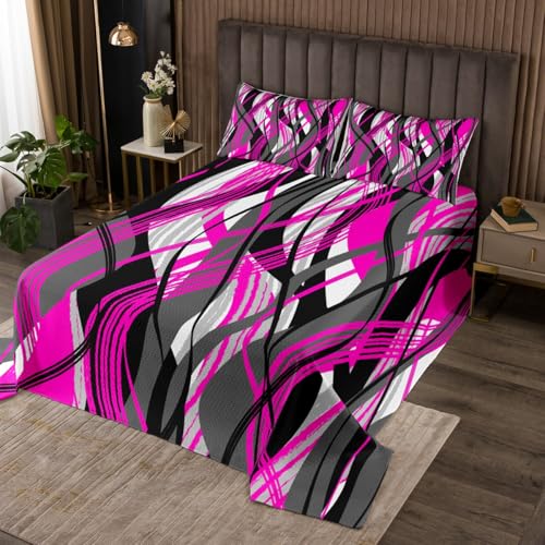 jejeloiu Twin Size Rose Pink Striped Bedspread for Kids Boys Girls Modern Abstract Coverlet Set Minimalist Quilted Coverlet Bedroom Decor Soft Microfiber 2Pcs