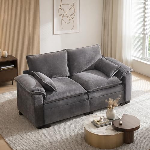 70" U-Shaped Chenille Sectional Sofa with Sleeper & Pillows