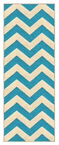Kapaqua Rubber Backed 20" X 59" Rich Chevron Light Blue & Ivory Zig Zag Runner Non-Slip Rug - Rana Collection Kitchen Dining Living Hallway Bathroom Pet Entry Rugs Ran2066-25 #TOP1
