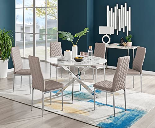 Image of Furniturebox UK Novara White Marble Effect 120cm Round Dining Table & 6 Cappuccino Milan Chrome Leg Chairs