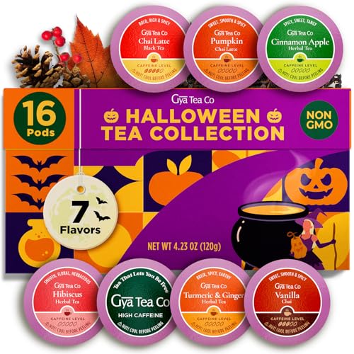 Image of Halloween Tea Pod Gift Set (16 Count) - 7 Flavors Assorted Variety Pack | Classic Chai Latte, Pumpkin Chai Latte, Cinnamon Apple, Hibiscus, Matcha Green, Turmeric Ginger, Vanilla Chai, Non-GMO