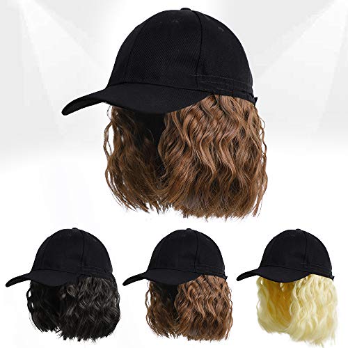 LNERATO Baseball Cap Wig with Brown Wavy Hair Extensions for Women Wig Hat with Short Bob Wig Adjustable Baseball Hat with Curly Brown Synthetic Hair