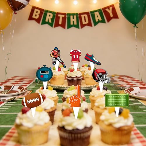 25 Pcs Football Party Decorations: 24 Pcs Football Cupcake Toppers | 1 Pcs Happy Birthday Cake Topper, Touchdown Cake Toppers, Football Party Supplies for Birthday Football Game Day — view 4