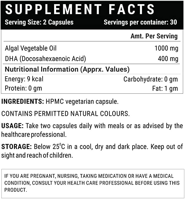 Miniatura 2 de IKJ Suplemento de Omega 3 DHA vegano a base de plantas Aceite de algas 400 mg - 60 cápsulas vegetarianas (paquete de 1)