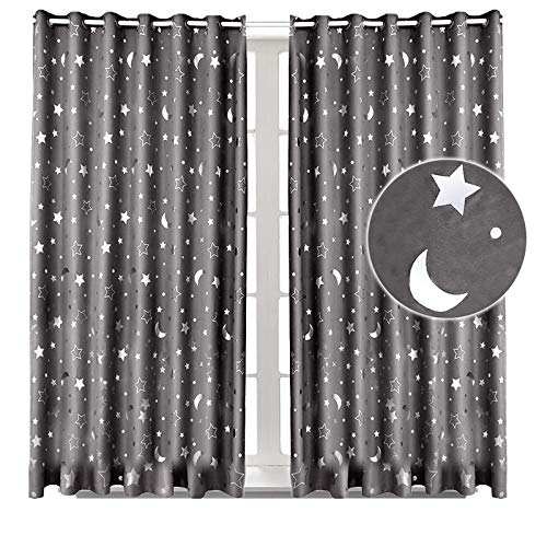 Rainlin Moon and Stars Blackout Curtains for Living Room Bedroom, Grommet Thermal Insulated Room Darkening Printed Kids Curtains, 2 Panels of 38