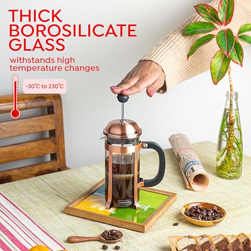 Image of Sipologie Vintage French Press Coffee Maker 350ml, 4-Level Filtration System for Sediment-Free Coffee, Heat-Resistant Durable Borosilicate Glass, Copper