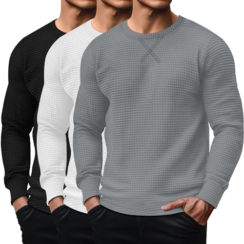 August Alley 3 Pack Mens Waffle Long Sleeve Shirts Crew Neck Thermal Textured Underwear Tops Lightweight Pullover Sweaters(Black White Gray Medium)