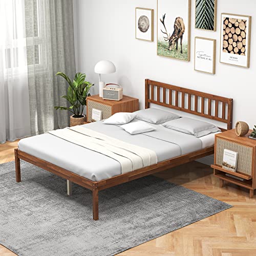 Image of GIANTEX Wood Full Size Bed Frame with Headboard, Mid Century Solid Wood Bed with Slat Support, No Box Spring Needed, Double Bed Frame with 16 inch Under Bed Storage, Walnut