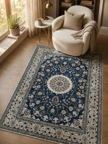 Image of CASA-NEST Luxury Velvet 4x6 ft Area Rug, Anti-Skid Backing, Lightweight Foldable Ornamental Carpet for Home Decor - Cream Vintage Floral