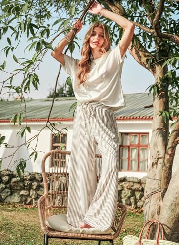 Image of Acelitt Women Casual Drawstring Elastic Waist Striped Wide Leg Pants with Pockets, S-XXL