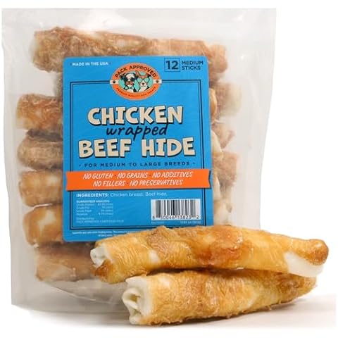 Pack Approved Chicken Wrapped Rawhide Dog Beef Sticks - Long Lasting Dog Chews for Aggressive Chewers - Chicken Wrapped Dog Treats for Medium Dogs - Beef Sticks for Dogs Rawhide Chews - M (Pack of 12) Cover