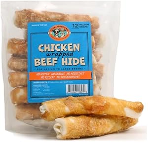 Chicken Wrapped Rawhide Beef Sticks – Long Lasting Chews for Aggressive Chewers – Treats for Medium Dogs – M (Pack of 12)