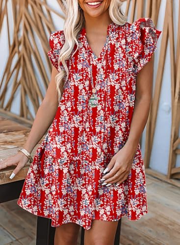 Image of Dokotoo Womens Summer Dresses 2026 V-Neck Drawstring Ruffle Cap Short Sleeve Side Pockets Mini Dress Sundress
