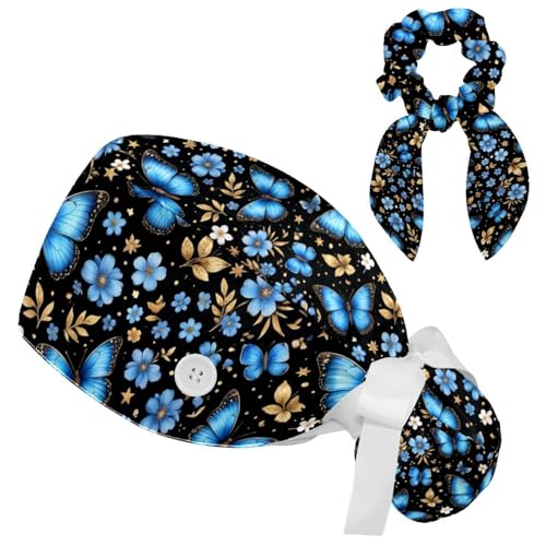 Image of Butterfly Scrub Cap Women with Ponytail & Buttons Adjustable Surgical Nurse Hat with Cotton Sweatband for Long Hair