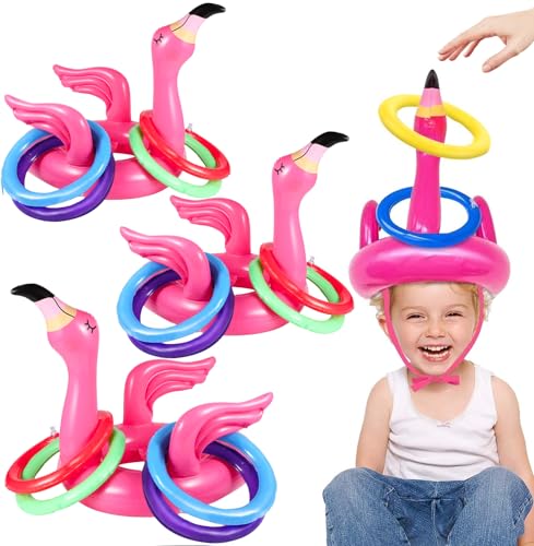 Camlinbo 15 Pcs Inflatable Flamingo Pool Toys Ring Toss Pool Game, Flamingos Luau Party Decor Hawaiian Beach Toys Carnival Outdoor Luau Party Games...