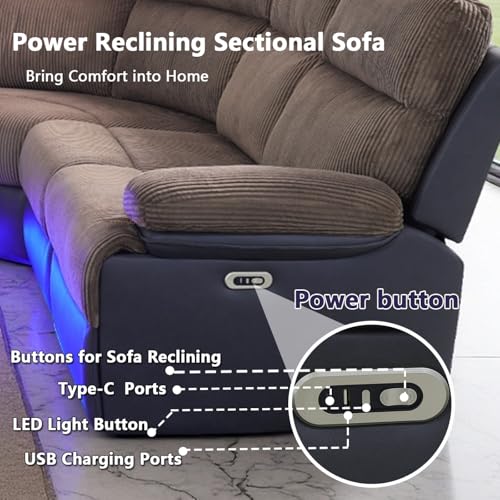 Image of Power Recliner Sectional Sofa Set with LED Lights, L Shaped Reclining Sectional Couch and Chair, Breathing Leather & Corduroy Sofa Set with Coffee Table /USB Port for Living Room