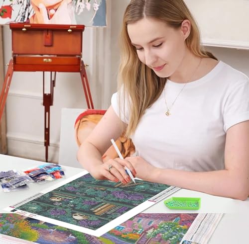 Image of QENSPE 5D Diamond Art Mystic Book Shelf,DIY Round Full Drill Diamond Painting Kits for Beginners,Vase & Skull Diamond Dots for Adults,Home Wall Decor & Gift Perfect for Relaxation 12x16 inch