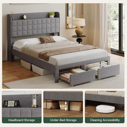 Image of Full Size Storage Bed Frame, Square Tufted Headboard, Platform Bed with 2 Underbed Drawers at Foot, Wooden Slats Support, No Box Spring Needed, Dark Gray