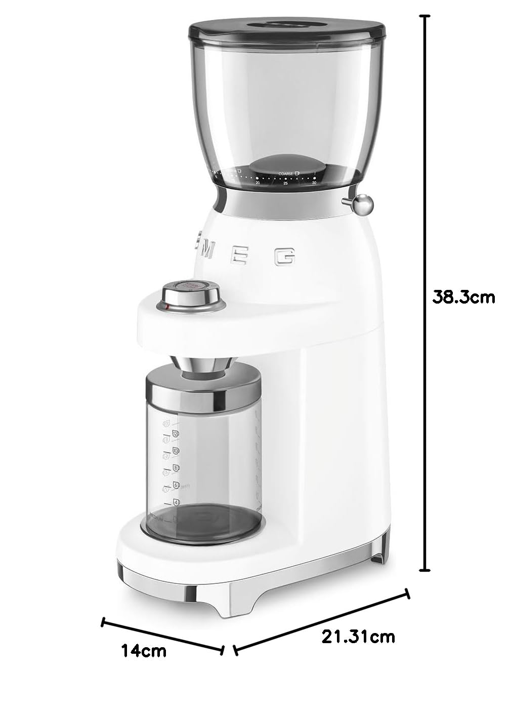Smeg Moulin à café CGF01WHUK en aluminium, style rétro années 50, 8 réglages de programme et 3 niveaux de broyage, blanc