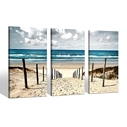 Beach Picture Canvas Wall Art:3 pieces Large Ocean Sea Artwork and Seaside Coastal Path Painting Print on Seashore Scene for Living Room decor (20''x34'')