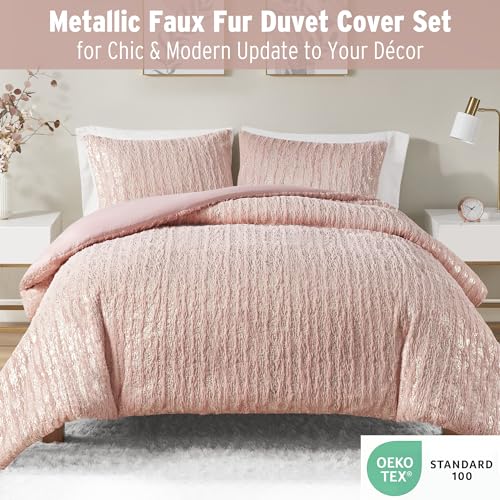 Intelligent Design Full Duvet Cover Set, Faux Fur Duvet Cover Set, Trendy Metallic Duvet Covers, All Season Soft Microfiber Bedding Cover, Matching Sham, Naomi, Full/Queen, Blush/Gold 3 Piece - Thumbnail 2