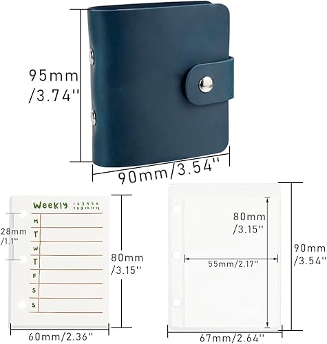 Miniatura 8 de Carpeta organizadora A9 de 3 anillas, de piel auténtica, color verde, 120 hojas de notas y recambios semanales con 2 bolsillos transparentes para