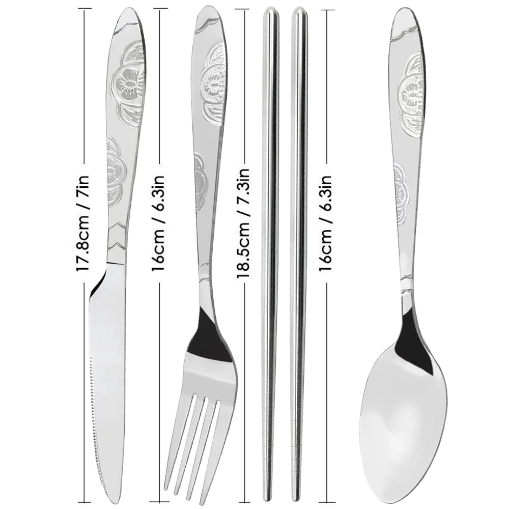 3 Pack Camping Silverware Set, CKANDAY 12 Pcs Knife Fork Spoon Chopsticks Stainless Steel with Carrying Case Rustproof Tableware Flatware for Traveling Picnic Working Hiking-Red/Green/Orange