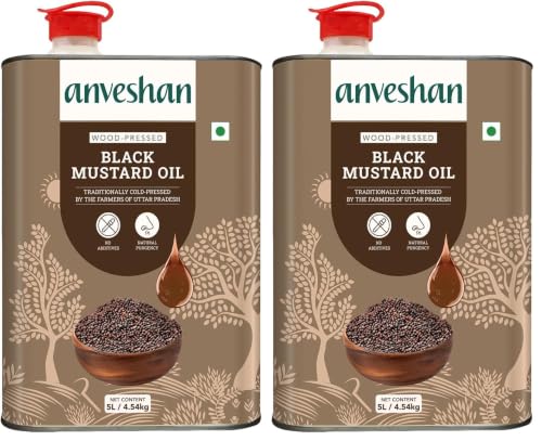 Image of Anveshan Wood Cold Pressed Mustard Oil - 5 Litre | Tin Can | Black Mustard Oil | Kacchi Ghani | | A1 Grade Mustard Seeds & 0 trans fat| Rich Aroma | Naturally Cholesterol Free & Goodness of Omega 3