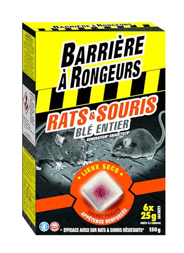 BARRIERE A RONGEURS Appât sur céréales Contre l'invasion des Rats & Souris, Prêt à l'emploi, 150 g, BARASOCER150, Noir