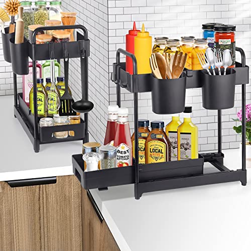 Sysama 2-Tier Under Sink Organizer, 2 Pack Kitchen Bathroom Sliding Under Cabinet Storage Drawer Organizer With Hooks, Hanging Cup, Handles, Multi-Purpose Under Cabinet Organizer #TOP1
