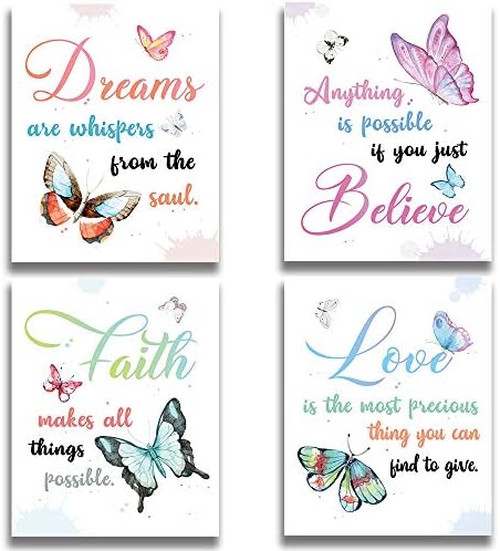 CHIEN-CHI LILI SUUURA-OO Watercolor Butterfly Inspirational Quote Art Print, Faith Love Dreams Believe Calligraphy Wall Art Printing for Home Office Classroom Decoration Set of 4 (8”X10”) (Dream)