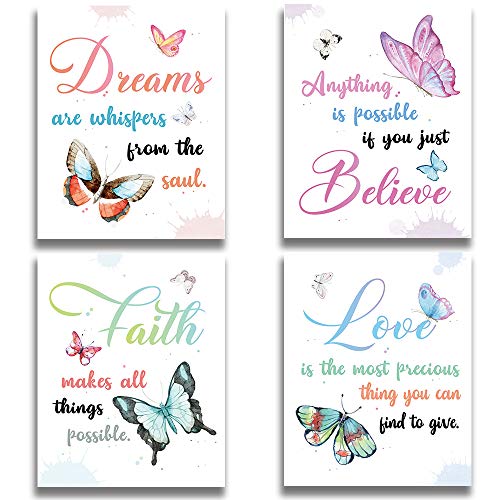 Chien-Chi Lili Suuura-Oo Watercolor Butterfly Inspirational Quote Art Print, Faith Love Dreams Believe Calligraphy Wall Art Printing For Home Office Classroom Decoration Set Of 4 (8”X10”) (Dream) #TOP9