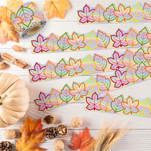 Image of BeYumi Fall Leaves Border Trim - 65ft Fall Maple Leaves Holographic Straight Rolled Border Trim Iridescent Autumn Thanksgiving Harvest Themed Bulletin Board Classroom Office Chalkboard Party Decor