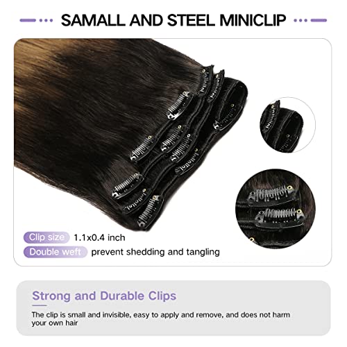 Sindra Clip in Hair Extensions Human Hair,14 Inch 100g 6pcs Ombre Natural Black to Dark Brown Mix Blonde Balayage Clip in Hair Extensions For Fashion Women #1B/4/27,14" - Image 3